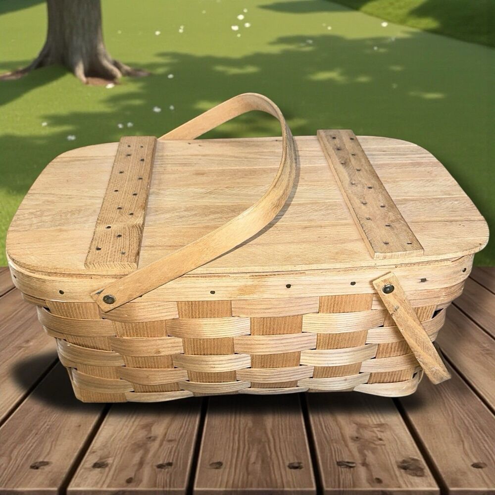 Basketville Vintage Wooden Picnic Basket Hinge Lid Vermont Handwoven Large MCM